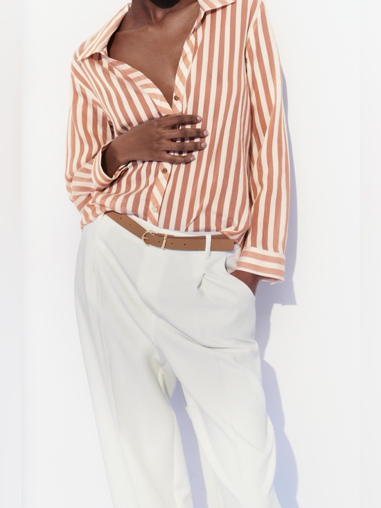 Zara Tops - Zara Sheer Striped Button Up Blouse Medium Blush Cream Relaxed M